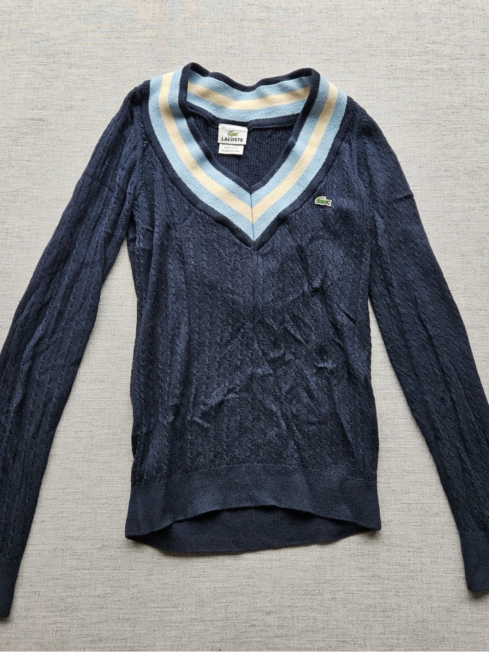 Lacoste Navy V-Neck Cable Knit Sweater with Light Blue and Cream Trim
